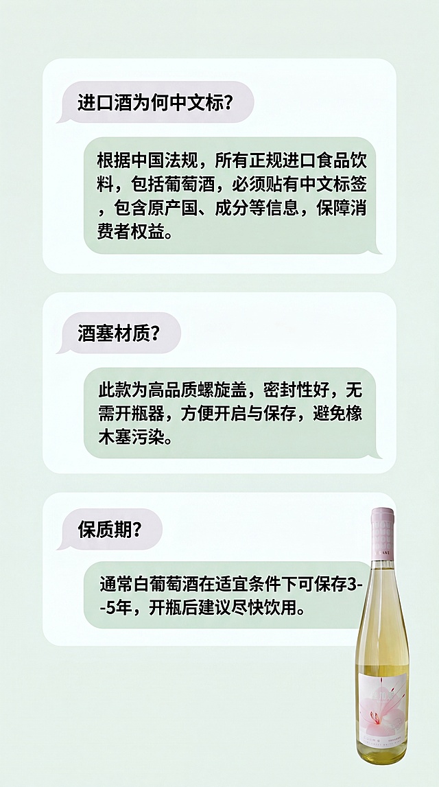 【第9屏】Q&A常见问题屏：三组对话卡片+产品锚点。浅绿底（#F2F9F6），三圆角卡片纵向排列，解答‘进口酒为何中文标’‘酒塞材质’‘保质期’；【图2】酒瓶置于右下角作视觉收尾。必须保持瓶身完整、标签文字可辨、粉色封帽一致；禁止答案虚构法规、瓶盖结构错误（应为螺旋盖）。4K0000，9:16。