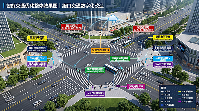智能交通优化整体效果图，路口交通数字化改造，标注智能信号灯、监控摄像头位置，整体鸟瞰视角，配色专业合理，符合交通设计标准，可用于设计展示和PPT汇报