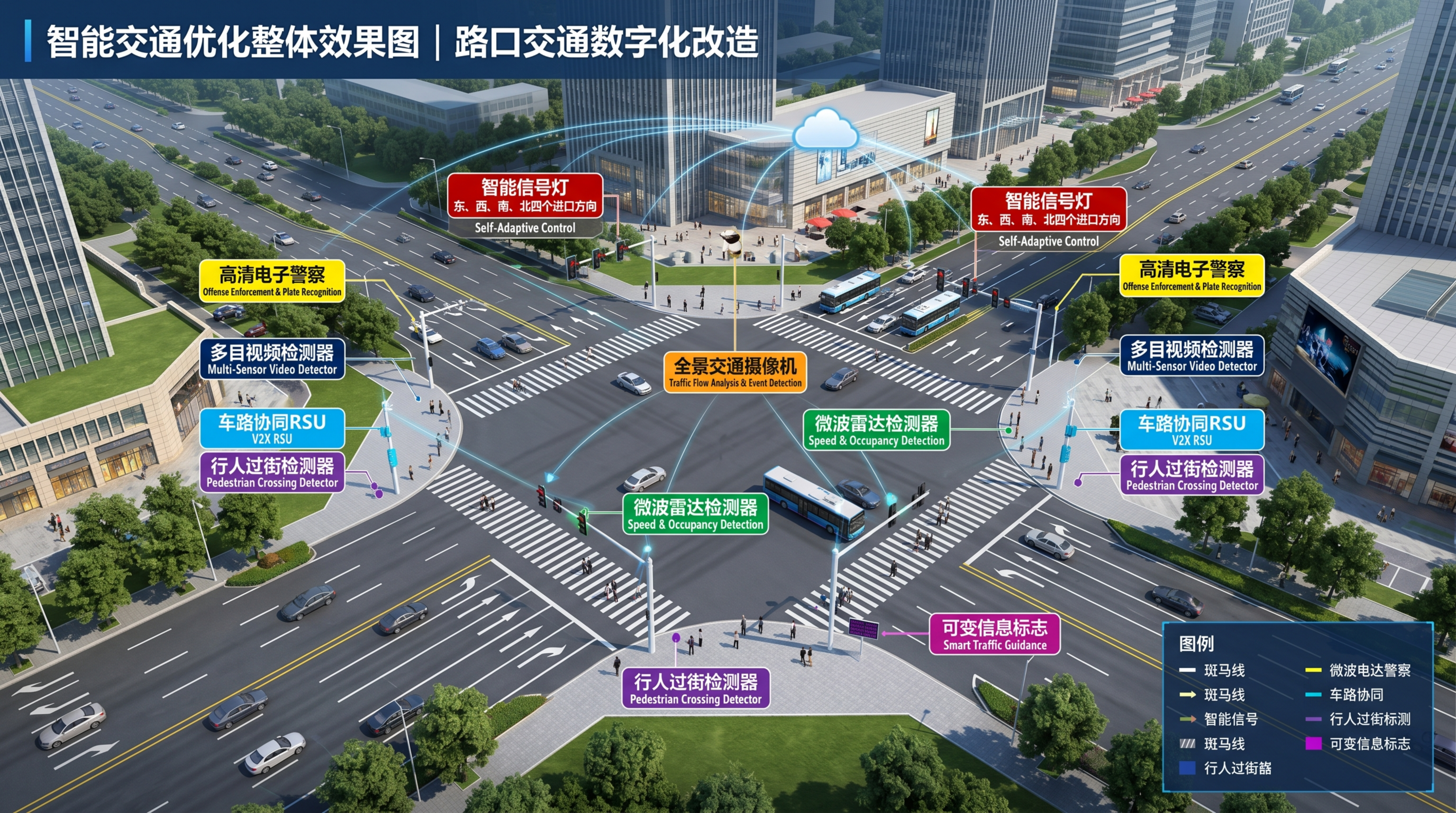智能交通优化整体效果图，路口交通数字化改造，标注智能信号灯、监… - 图片创意预览