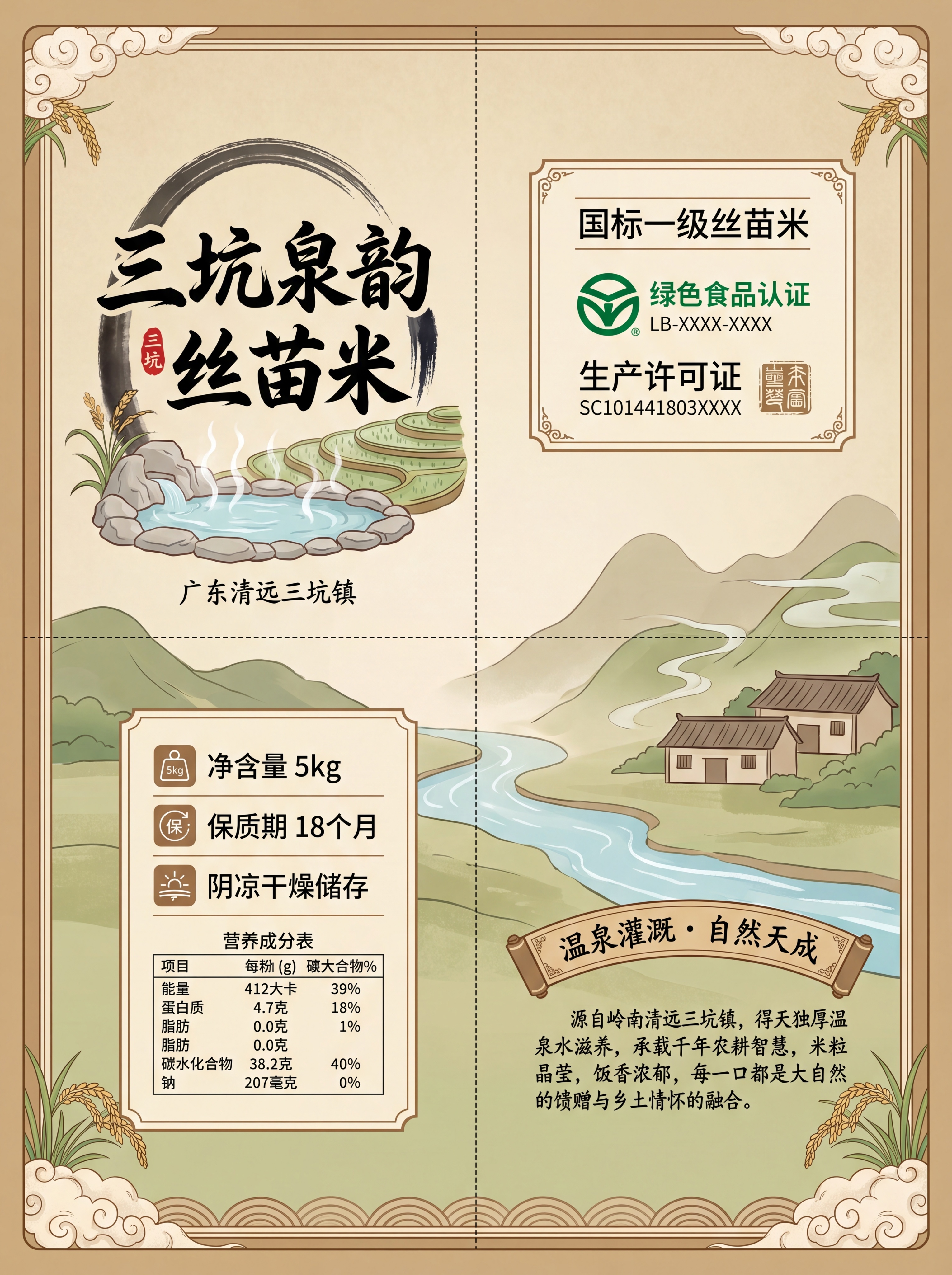 清远三坑镇丝苗米真空包装平面版式设计，乡村振兴温泉生态米风格，… - 图片创意预览