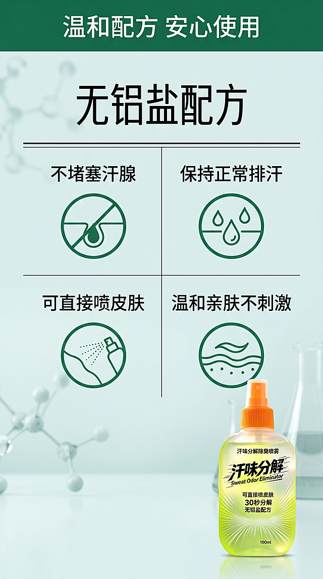 [第3屏] 详情页成分屏-无铝盐配方解析。专业简约科研风，浅青绿低饱和背景。上方大字"无铝盐配方"，下方双行网格：第一行"不堵塞汗腺 | 保持正常排汗"，第二行"可直接喷皮肤 | 温和亲肤不刺激"，配绿色圆形图标，右下角放缩小版产品保持外观和原图一致。顶部标题"温和配方 安心使用"深绿居中，文字大小适合移动端。9:16，4K，文字清晰。禁止:产品变形,文字错乱,虚假宣传