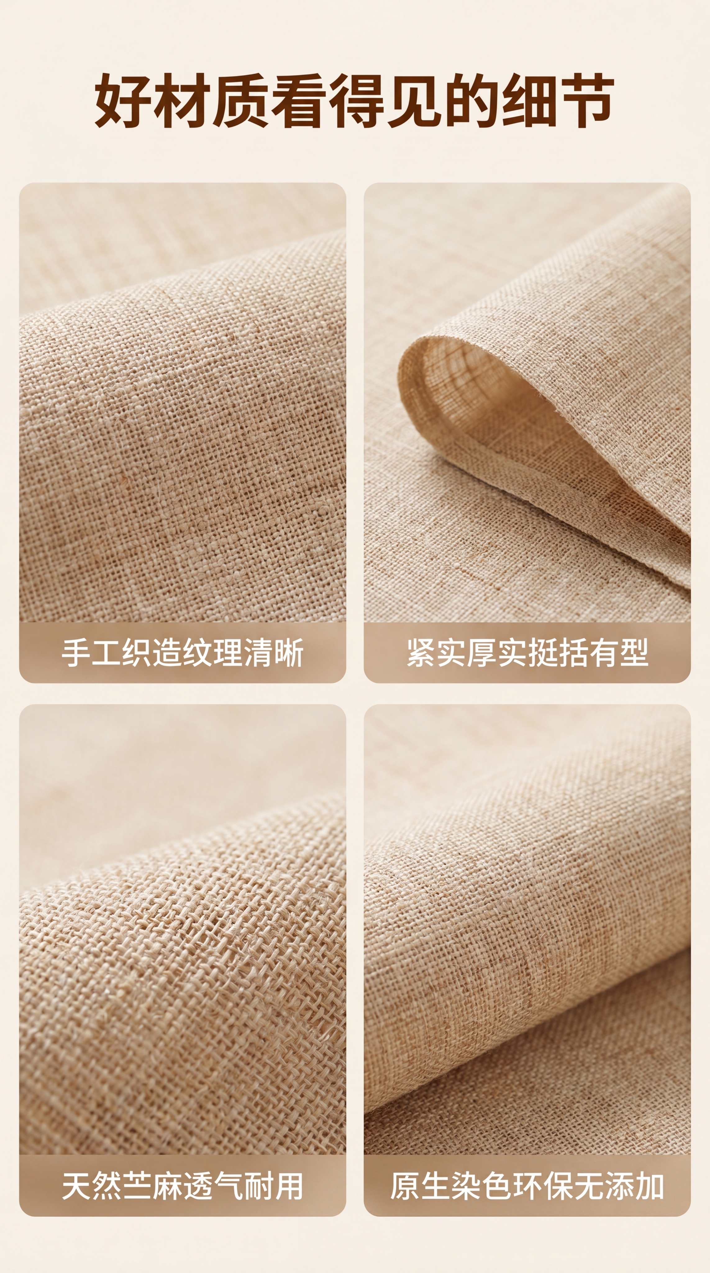 [第3屏] 材质细节解析四宫格屏，展示本款苎麻布的四个核心细节… - 图片创意预览
