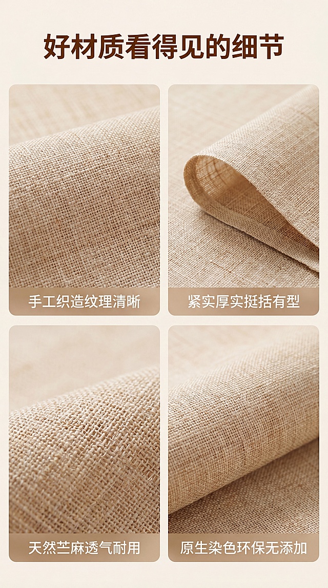 [第3屏] 材质细节解析四宫格屏，展示本款苎麻布的四个核心细节优势。本屏使用【图1】提取不同细节进行展示，保持颜色纹理和原图一致。[氛围/风格] 清晰细节展示风，自然质感，真实可信。[元素布局] 画面采用2x2四宫格布局，每格展示一个细节：左上展示整体编织纹理，标注"手工织造纹理清晰"；右上展示布料厚度，标注"紧实厚实挺括有型"；左下展示透气特性，标注"天然苎麻透气耐用"；右下展示原色材质，标注"原生染色环保无添加"。每格保留布料原始质感，每格占画面四分之一，顶部放置主标题。[光影质感] 每格光线均匀，纹理细节清晰，对比分明。[配色色系] 全局底色：#f5f1e9（浅米白）；主体保持原图自然麻色，文字用深棕色。[视角构图] 四宫格均分构图，信息层级清晰，每个细节独立展示。[文字版式] 顶部主标题"好材质看得见的细节"，每格下方配短说明标签，标签背景为浅棕色半透明，文字白色清晰，不遮挡布料纹理。[比例分辨率] 9:16竖版比例，4K分辨率，文字清晰可辨。[负向提示词] 细节模糊，格子比例不均，文字重叠，布料颜色偏差，纹理错乱。