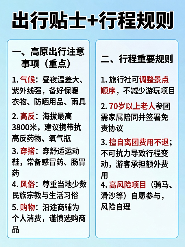 青海湖一日游出行贴士+行程规则主图，整体为清晰实用攻略风，和整套主图风格配色统一。背景为浅蓝渐变底，内容分为两大块：高原出行注意事项和行程重要规则，每个块用浅白色块做底配浅蓝色边框，标题加粗放大。画面文字：顶部标题放大加粗"出行贴士+行程规则"；一、高原出行注意事项（重点）："1. 气候：昼夜温差大、紫外线强，备好保暖衣物、防晒用品、雨具 2. 高反：海拔最高3800米，建议携带抗高反药物、氧气瓶 3. 穿搭：穿舒适运动鞋，常备感冒药、肠胃药 4. 风俗：尊重当地少数民族宗教与生活习俗 5. 购物：沿途商铺为个人消费，谨慎选购商品"；二、行程重要规则："1. 旅行社可调整景点顺序，不减少游玩项目 2. 70岁以上老人参团需家属陪同并签署免责协议 3. 擅自离团费用不退；不可抗力导致行程变动，游客承担额外费用 4. 高风险项目（骑马、滑沙等）自愿参与，风险自理"。重点关键词用红色标注，整体高清图文设计，文字清晰，重点突出，干净整齐。比例为3:4，超高清。负向提示词：文字错乱，排版拥挤，文字模糊，水印，背景杂乱