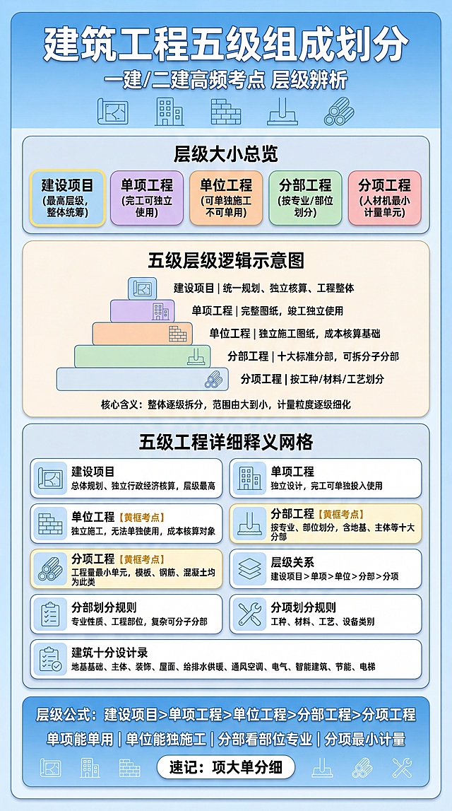 9:16竖屏日系动漫风工程五级划分信息图, 主色调晴空浅蓝渐变, 全程无人物, 线条柔和动漫简笔, 圆角卡片, 考点淡黄细框高亮。去除左侧竖列的8%、22%、30%、12%比例标注，仅保留内容区域。
一、画面顶部标题区: 浅蓝从上至下柔化变浅渐变背景条, 白色圆润粗体主标题"建筑工程五级组成划分", 副标题小字"一建/二建高频考点 层级辨析", 底部装饰一行浅蓝细线矢量图标：总图、楼栋、墙体、地基、建材依次排列
二、画面上部分类总览对比区: 浅灰圆角大背景框, 框内标题深蓝加粗"层级大小总览", 横向5张等宽圆角卡片依次排布, 第一张【建设项目】加粗黄边框重点标注, 1.卡片1浅蓝底深蓝字：建设项目（最高层级，整体统筹），2.卡片2浅紫底深紫字：单项工程（完工可独立使用），3.卡片3浅橙底深橙字：单位工程（可单独施工不可单用），4.卡片4浅绿底深绿字：分部工程（按专业/部位划分），5.卡片5浅粉底深红字：分项工程（人材机最小计量单元）
三、画面中部核心特征定义区: 米白柔和背景框, 标题深蓝加粗"五级层级逻辑示意图", 上下递进阶梯动漫简笔结构图, 从上到下逐层缩进, 1.顶层总图：建设项目｜统一规划、独立核算、工程整体，2.楼栋模块：单项工程｜完整图纸，竣工独立使用，3.墙体模块：单位工程｜独立施工图纸，成本核算基础，4.地基模块：分部工程｜十大标准分部，可拆分子分部，5.建材构件：分项工程｜按工种/材料/工艺划分，底部小字核心含义：整体逐级拆分，范围由大到小，计量粒度逐级细化
四、画面下部知识点网格列表区: 浅灰背景，顶部标题深蓝加粗"五级工程详细释义网格"，2列5行网格，每个格子圆角，高频考点加浅黄细边框，搭配对应浅蓝动漫简线图标，1行左｜总图图标：建设项目，释义：总体规划、独立行政经济核算，层级最高；1行右｜楼栋图标：单项工程，释义：独立设计，完工可单独投入使用；2行左｜墙体图标：单位工程【黄框考点】，释义：独立施工，无法单独使用，成本核算对象；2行右｜地基图标：分部工程【黄框考点】，释义：按专业、部位划分，含地基、主体等十大分部；3行左｜钢筋建材图标：分项工程【黄框考点】，释义：工程量最小单元，模板、钢筋、混凝土均为此类；3行右｜空白提示框：层级关系，文字：建设项目＞单项＞单位＞分部＞分项；4行左｜清单图标：分部划分规则，文字：专业性质、工程部位，复杂可分子分部；4行右｜工具图标：分项划分规则，文字：工种、材料、工艺、设备类别；5行整行通栏（2列合并）｜建筑十大分部清单图标，文字：地基基础、主体、装饰、屋面、给排水供暖、通风空调、电气、智能建筑、节能、电梯
五、画面底部核心记忆区: 浅蓝渐变背景（上深下浅），全部白色字体，第一行加粗大字"层级公式：建设项目＞单项工程＞单位工程＞分部工程＞分项工程"，第二行中等字关键词区分：单项能单用｜单位能独施工｜分部看部位专业｜分项最小计量，第三行圆润醒目记忆口诀：速记：项大单分细，最底部细装饰线，线上排布小型总图、建材简约图标点缀
整体规范：比例严格竖屏9:16，适配手机背诵刷题海报，日系干净线条动漫简笔，无阴影无写实照片无人物，卡片轻微立体圆角，晴空浅蓝为主色，五级卡片低饱和区分色，核心关键词深蓝色加粗，单位/分部/分项三处网格加微弱淡黄边框突出考试重点，文字短句精简，剔除冗余长句，适配竖屏快速阅读记忆