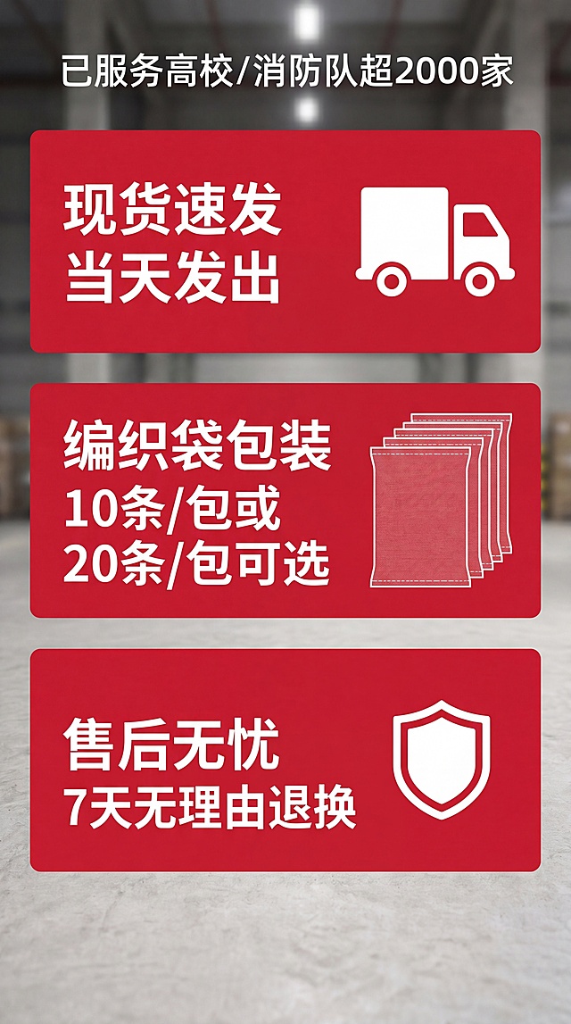 【第8屏】服务保障整合页：背景为【图3】延伸的水泥地仓库虚化场景#E8E8E8；三模块横向均分：左‘现货速发 当天发出’（快递车图标），中‘编织袋包装 10条/包 或 20条/包 可选’（包装袋示意图），右‘售后无忧 7天无理由退换’（盾牌图标）；顶部小字‘已服务高校/消防队超2000家’。风格真实可信，顶光均匀，文字与图标高对比。配色：主底#E8E8E8，红模块#DC3545，白字#FFFFFF, 图标#2E4A2D. 本屏可无产品图（属服务说明页）。负向：禁止包装信息错误、售后承诺夸大（仅写‘7天无理由退换’）、图标不符、文字模糊。