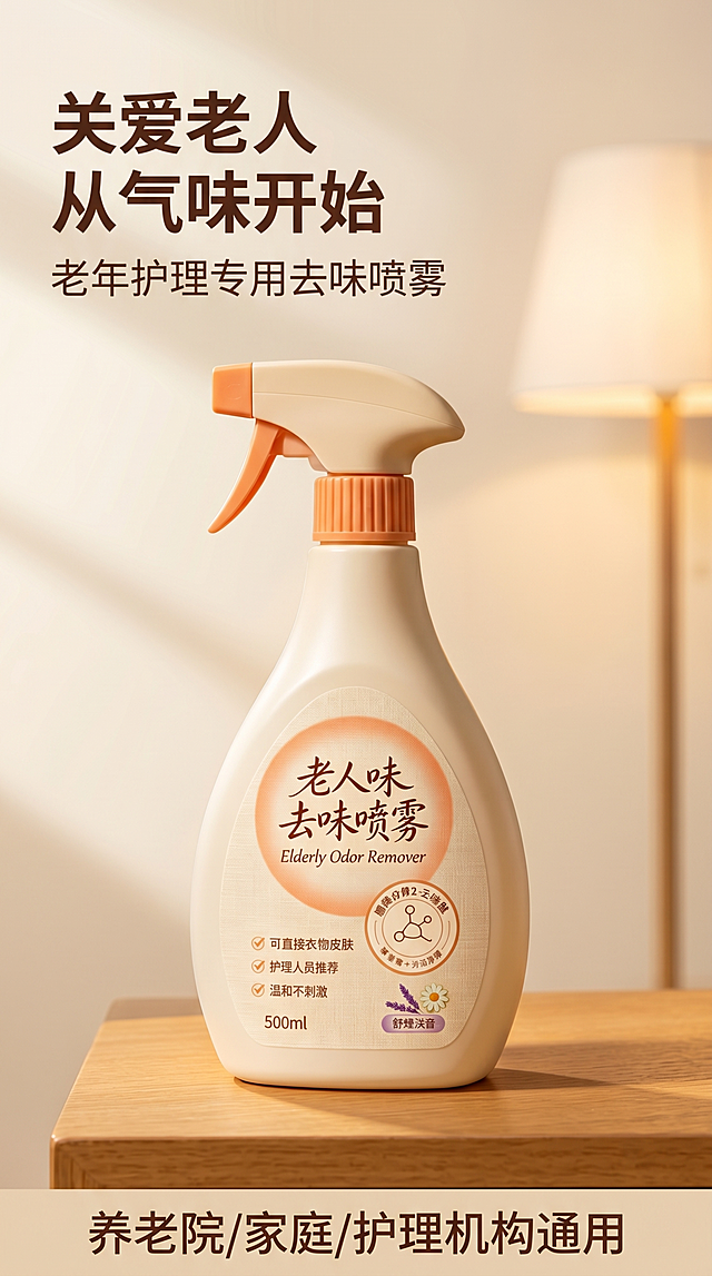 [第1屏] 老人味去味喷雾详情页头图。本屏使用【图1】作为商品主体。主标题「关爱老人 从气味开始」，副标题「老年护理专用去味喷雾」。
[氛围/风格] 温馨家居氛围，柔和暖光，专业商业摄影质感，干净安心的护理产品风格。
[元素布局] 老人味去味喷雾放置在画面中下区域，占整体画面65%左右，保持商品米白色瓶身、橙色喷头、标签文字和颜色与原图一致，背景为温馨浅棕色木质家居环境，搭配柔和落地灯光影，左上角预留标题区域，整体层次感清晰。
[光影质感] 主光源从左上方打来，柔和照亮瓶身，瓶身右侧和下方形成自然柔和阴影，整体画面通透干净，产品边缘清晰真实。
[配色色系] 全局底色：#F5F0E6（暖米色）；主体配色：米白+暖橙色；辅助色：浅木棕色+深棕文字；整体配色柔和温暖。
[视角构图] 正面平视角度，景深适中，产品位于画面视觉中心偏下，标题在左上，阅读动线从上到下。
[文字版式] 左上区域为标题区，主标题「关爱老人 从气味开始」深棕色粗体字，字号占画面宽度8%，副标题「老年护理专用去味喷雾」棕色常规字，字号为主标题50%，文字不遮挡产品主体，底部浅棕色信息条标注核心卖点「养老院/家庭/护理机构通用」。
[比例分辨率] 9:16竖版，4K分辨率，文字清晰可辨。
[负向提示词] 瓶身变形，包装文字错乱，颜色偏差，水印，文字模糊，背景杂乱，产品模糊，缺件错件。