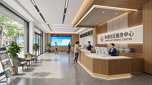 社区服务中心前台接待区效果图，专业工装设计，明亮大气，材质真实，风格统一，符合PPT汇报展示标准