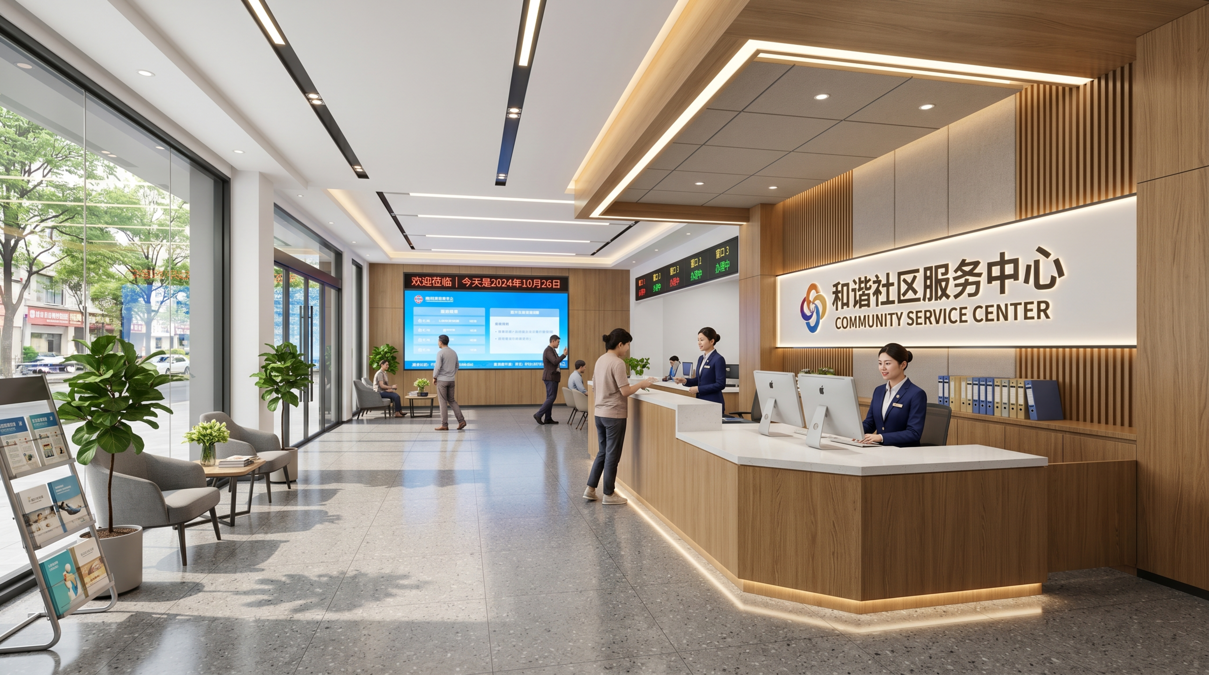 社区服务中心前台接待区效果图，专业工装设计，明亮大气，材质真实… - 图片创意预览