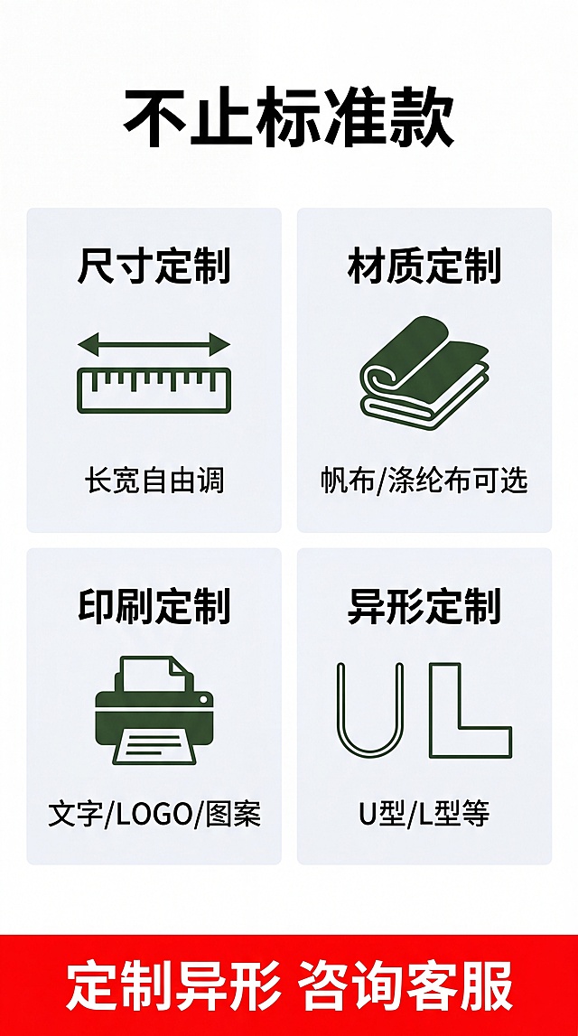 【第7屏】定制能力说明页：纯白底#FFFFFF，顶部标题‘不止标准款’黑粗体思源黑体；下方2×2网格四模块：①尺寸定制（图标：标尺+‘长宽自由调’）②材质定制（图标：布料+‘帆布/涤纶布可选’）③印刷定制（图标：打印机+‘文字/LOGO/图案’）④异形定制（图标：U型图+‘U型/L型等’）；每模块底色#F8F9FA，图标#2E4A2D，文字#000000; 底部红底白字横幅：‘定制异形 咨询客服’。极简信息图表风, 无产品图（本屏为服务说明页允许）。文字清晰可辨, 字号层级分明。负向：禁止图标错误、文字缺失、模块错位、颜色混杂。