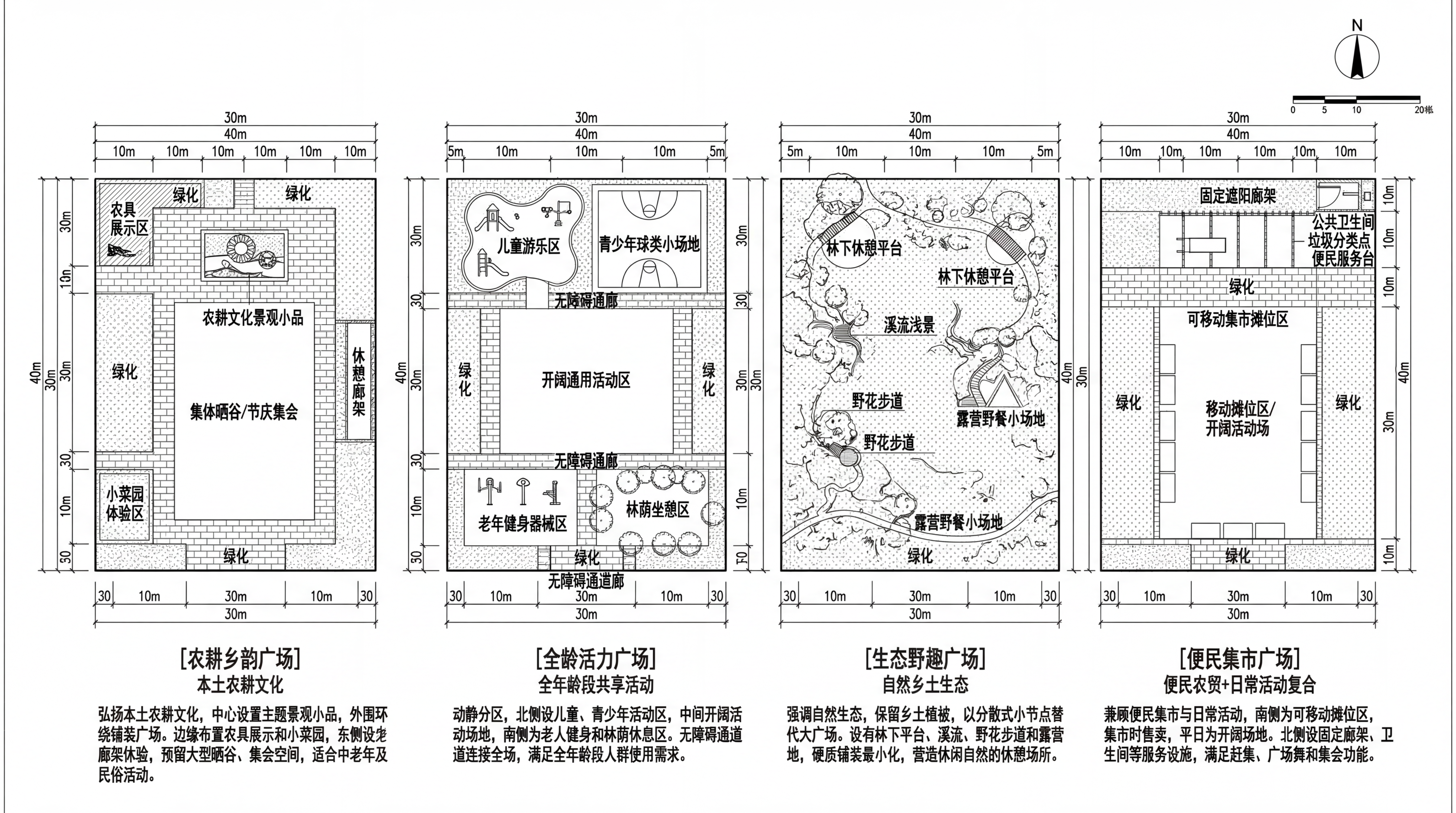 在原图红色矩形用地红线范围（30米宽，40米深）内，放置4套乡… - 图片创意预览