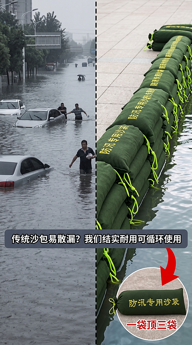 【第2屏】痛点解决对比图：左侧洪水漫灌街道实景（低饱和灰蓝调，车辆半淹），右侧【图1】沙袋阵列稳固挡水（水位被截停在袋前），中间虚线分割形成强烈对比; 右下角叠加单袋特写+红色箭头指向‘一袋顶三袋’。文案居中偏下：‘传统沙包易散漏？我们结实耐用可循环使用’，白字黑描边置于半透明深灰条上. 风格为写实纪实风，左侧阴沉顶光，右侧明亮侧光突出沙袋阻水效果。产品必须与【图1】一致：军绿帆布、荧光绿抽绳、黄字清晰。配色左#4A5568，右#2E4A2D+#7FFF00，文字#FFFFFF。构图平视分屏, 阅读动线左→右→下。负向：禁止产品缺失、结构错误、水位逻辑错误（水不能穿袋）、文字遮挡主体。