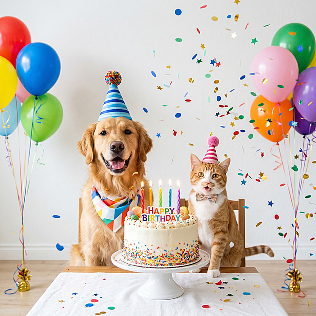 猫和狗一起，带着三角生日帽，前面是生日蛋糕，背景简约干净，有彩色碎纸飘落，两边放置几个彩色气球，整体氛围开心，布局合理美观。