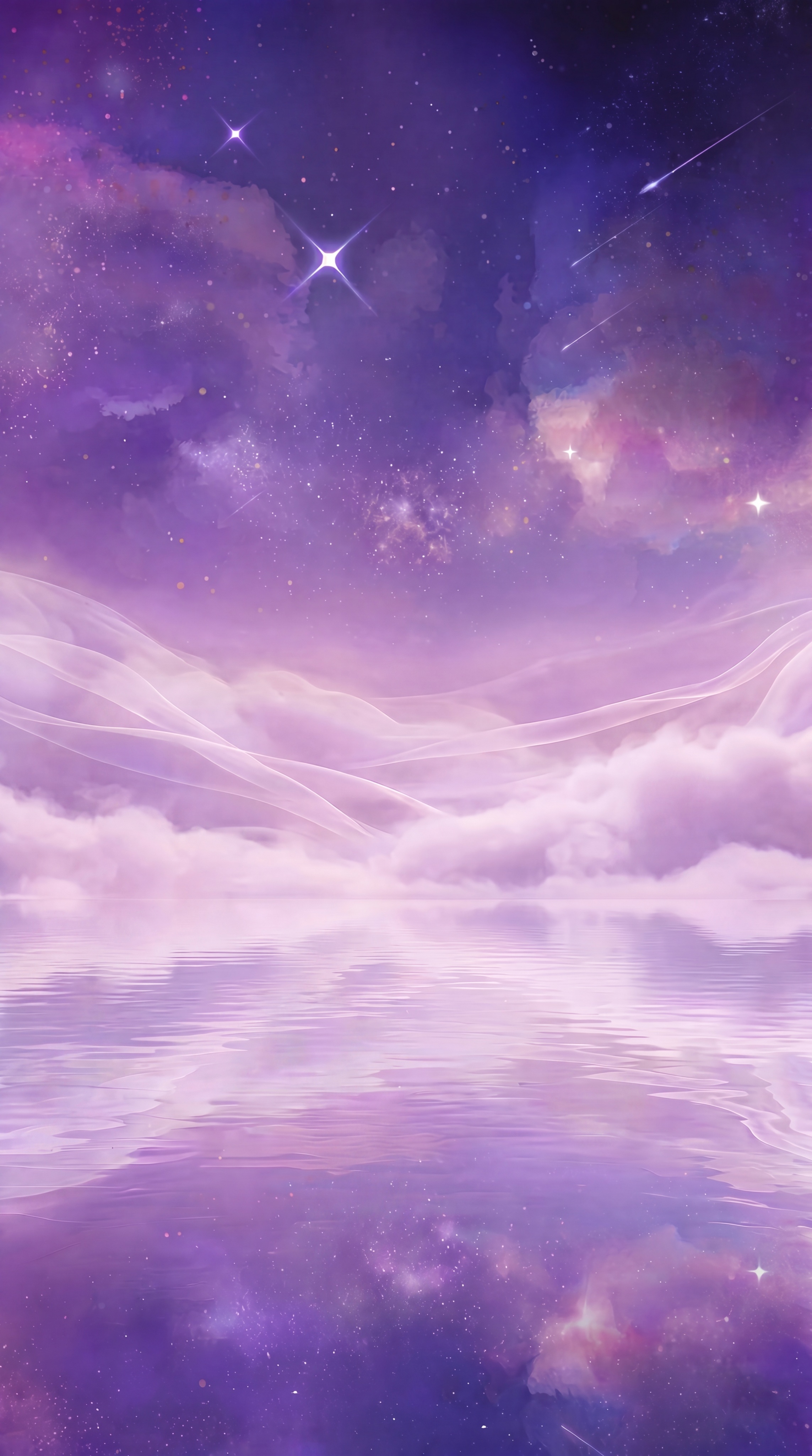 清除画面中的气泡和音符元素，保留淡紫色云雾、深紫渐变星空、水光… - 图片创意预览