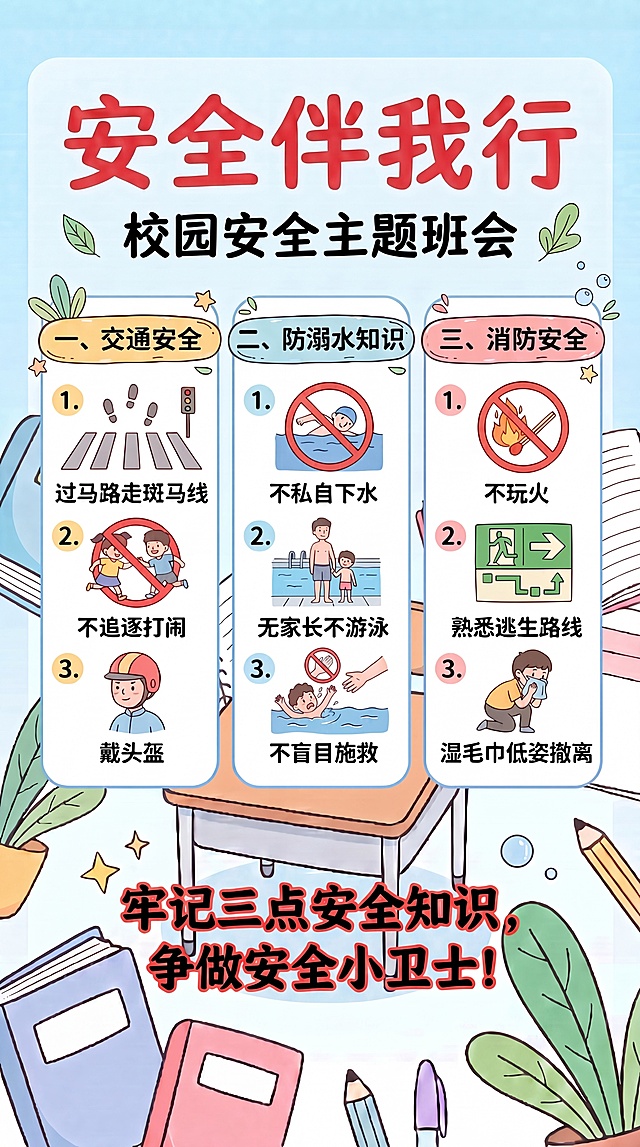 在现有图片底部，将原结尾文字‘——高一（1）班 安全主题班会’删除，仅保留主倡议语‘牢记三点安全知识，争做安全小卫士！’，字体加粗黑体、红色描边、居中；确保不遮挡上方三栏内容，背景与手绘风格保持一致