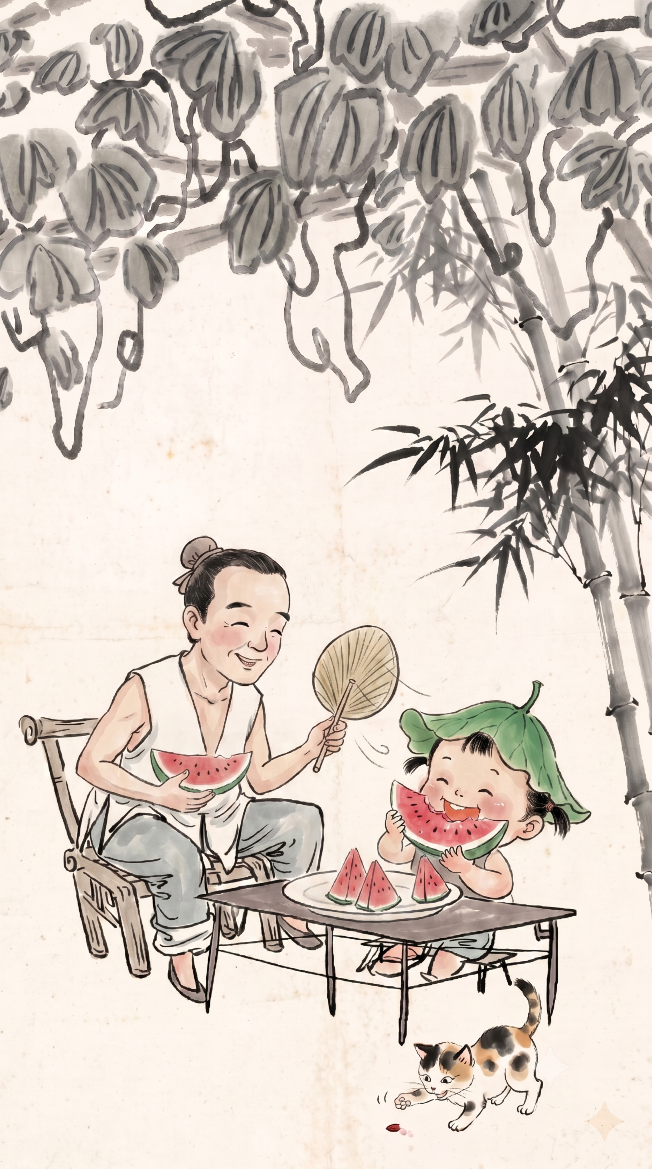 参考原图，将父亲手中抱着的整个西瓜改为一手拿着一片切好的西瓜；… - 图片创意预览