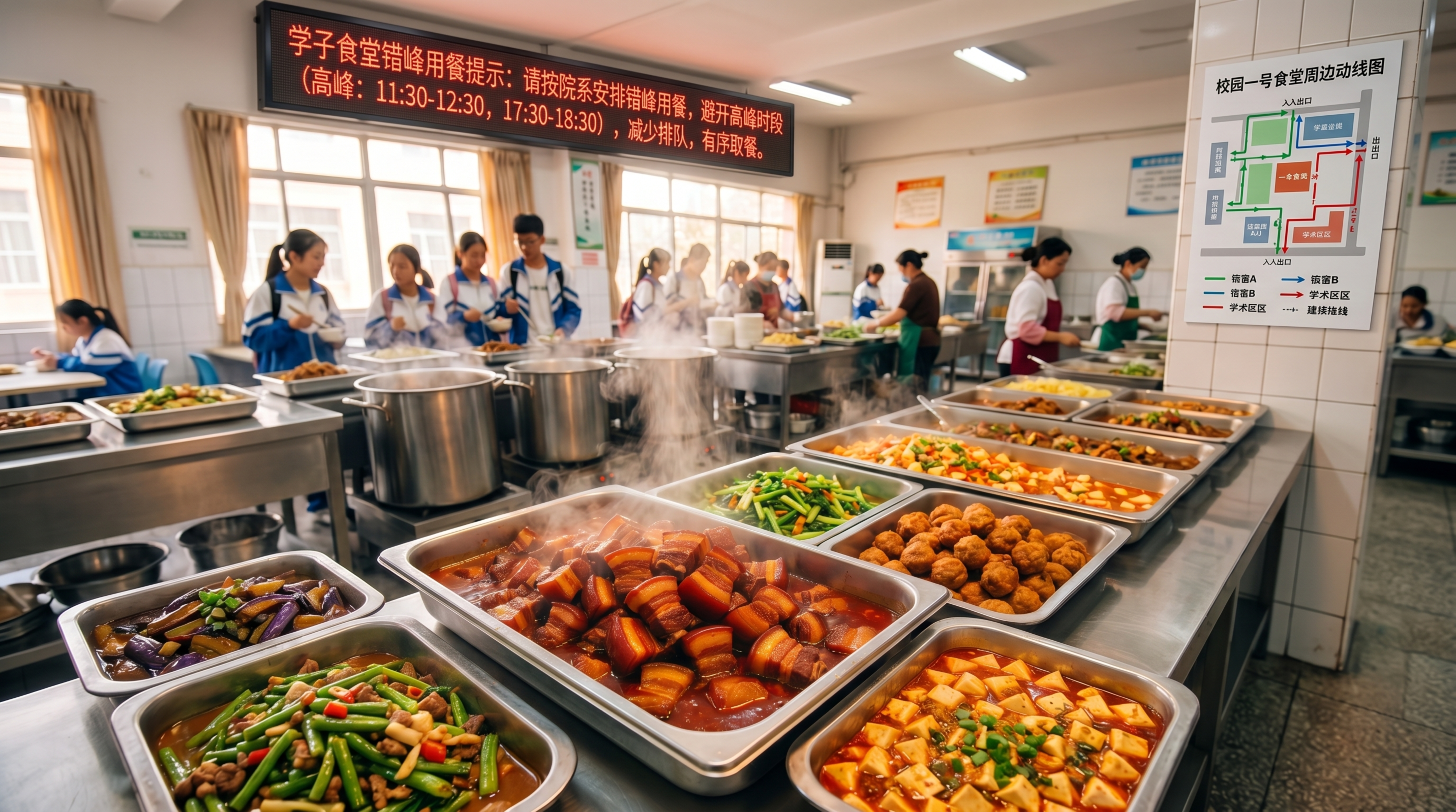 在现有食堂美食图片基础上，添加错峰提示字幕和校园动线地图，修改… - 图片创意预览