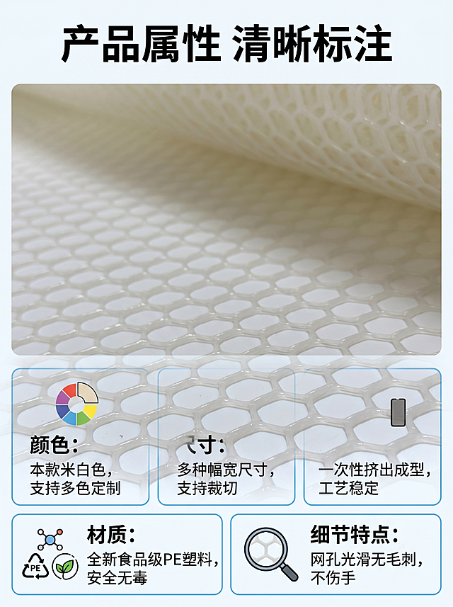 [第4屏] 塑料平网产品属性展示，包含颜色、细节、尺寸、工艺、材质介绍。本屏使用【图1】展示产品网孔细节，保持网孔结构颜色与原图一致。[氛围/风格] 专业参数展示风格，清晰直观，图文结合。[元素布局] 上半部分放产品网孔细节大图，占据画面50%区域，下半部分分五块信息区域，分别展示颜色、尺寸范围、工艺、材质、细节特点，每个区域配图标和文字说明。[光影质感] 均匀打光，产品细节清晰，文字区域对比度强，阅读方便。[配色色系] 全局底色：#FFFFFF；产品区域浅灰底，信息块浅蓝边框，标题深色正文灰色。[视角构图] 上产品下图文，分区清晰，信息层级分明，从上到下阅读。[文字版式] 顶部标题"产品属性 清晰标注"8字黑色粗体，下半部分五个信息块分别为：颜色：本款米白色，支持多色定制；尺寸：多种幅宽尺寸，支持裁切；工艺：一次性挤出成型，工艺稳定；材质：全新食品级PE塑料，安全无毒；细节：网孔光滑无毛刺，不伤手。文字清晰，每个区域标签加粗，内容常规，手机端可读。[比例分辨率] 宽高比3:4，1080*1440像素，4K分辨率，文字清晰可辨。[负向提示词] 产品细节变形，文字错乱，排版拥挤，信息错误，水印。