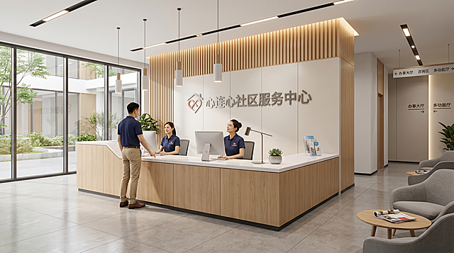 专业工装设计效果图，社区服务中心前台接待区效果图，空间比例合理，材质真实，现代简约风格，高清，符合PPT汇报展示标准