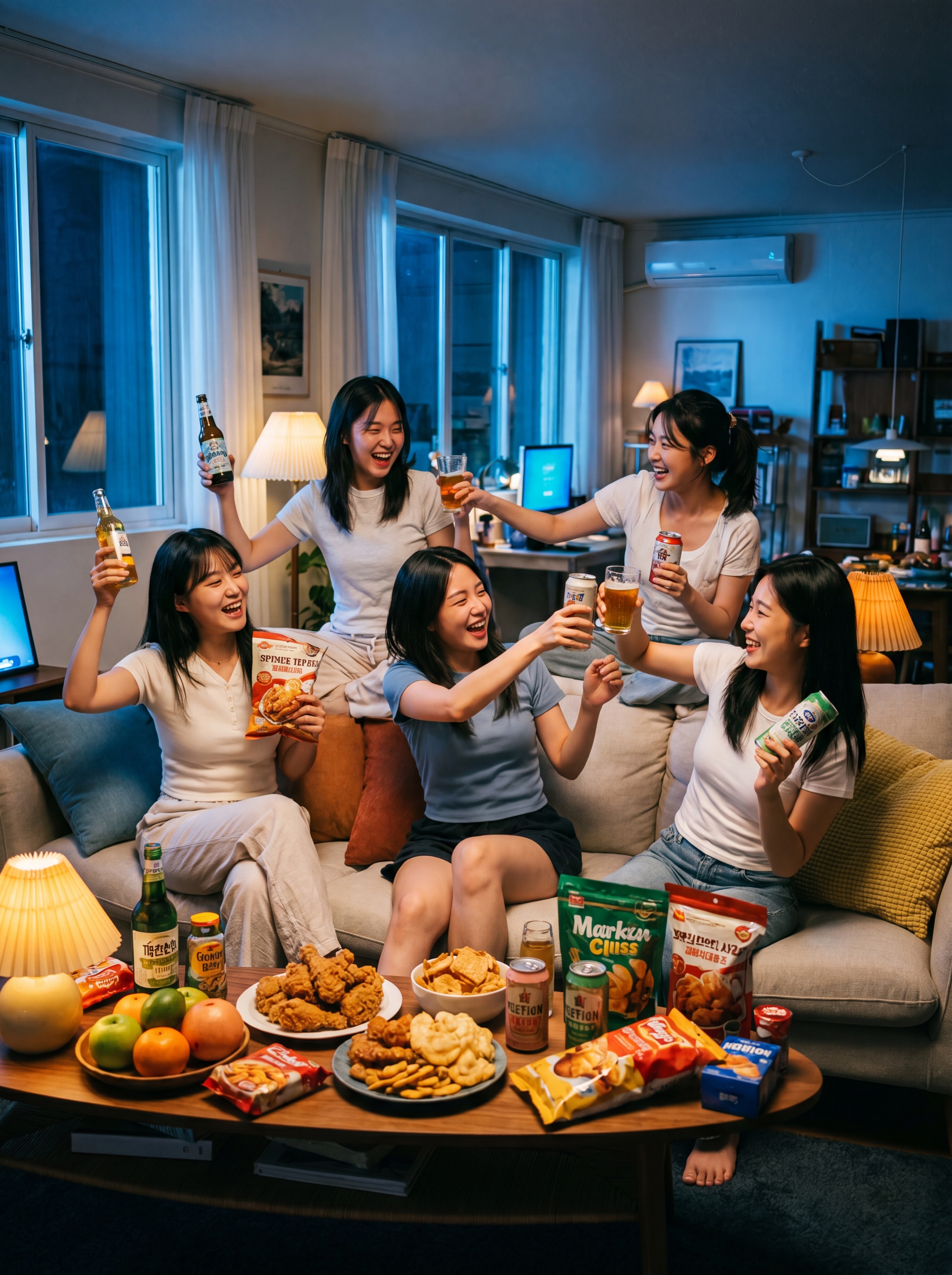 夜晚的室内客厅里，五位年轻女孩围坐沙发，氛围轻松热烈。她们手持… - 图片创意预览