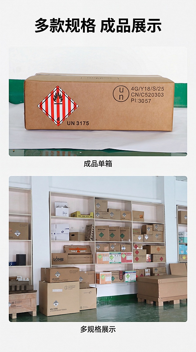 [第3屏] 产品多角度实拍展示-多款UN危包纸箱实物展示，本屏使用【图1】【图6】作为产品展示图。
[氛围/风格] 实景展示风，清晰真实，专业仓储场景，干净整洁。
[元素布局] 页面顶部主标题，下方分上下两个展示区域，上区域展示单只成品UN纸箱【图1】，下区域展示展厅多款不同规格成品【图6】，两个区域留空间距合适，不重叠不拥挤。保持各纸箱的外观颜色、标识文字、结构尺寸与原图一致。
[光影质感] 顶部均匀柔光，产品纹理清晰，纸箱棕色自然真实，标识文字清晰可读，展厅光线明亮通透。
[配色色系] 全局底色：#F5F5F5；墙面：#FFFFFF；地面：#60AD5E（绿色）；文字：#111111。
[视角构图] 上区域为纸箱正面平视，下区域为展厅整体视角，构图上下分割，信息清晰。
[文字版式] 顶部主标题 "多款规格 成品展示"，黑色加粗居中，两个展示区域下方加小字标注 "成品单箱" / "多规格展示"，文字简洁不遮挡产品。
[比例分辨率] 9:16 竖版比例，4K分辨率，文字清晰可辨。
[负向提示词] 纸箱变形，结构错误，颜色偏差，文字模糊，背景杂乱。