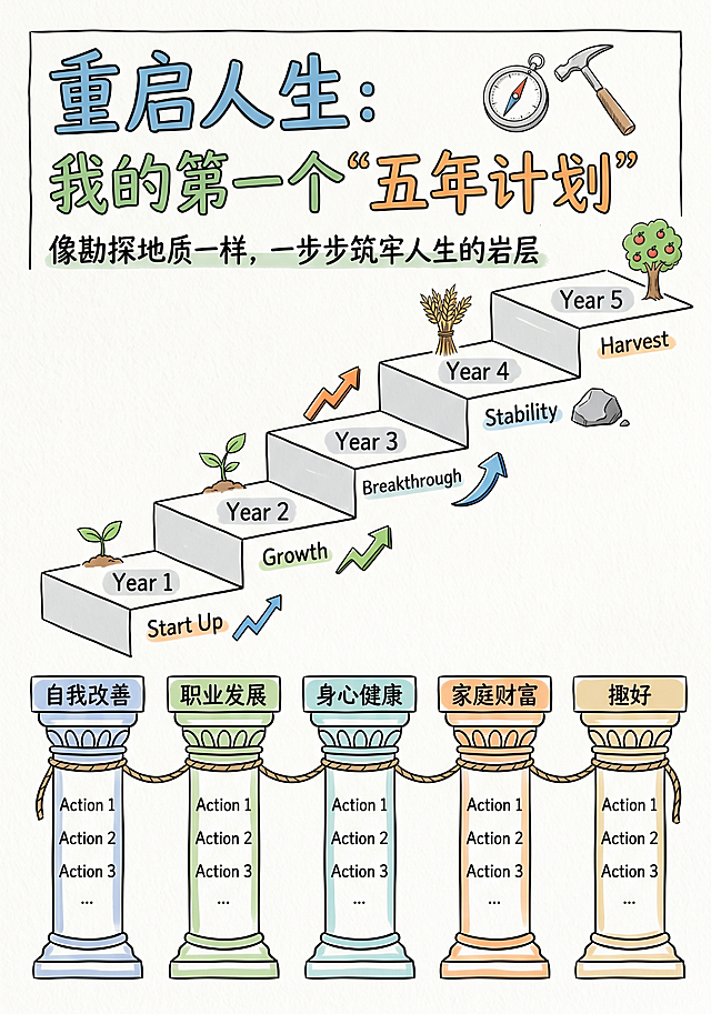 设计一张A4竖版的人生五年计划手绘图，顶部上方1/5区域为标题区，有大字体标题"重启人生：我的第一个"五年计划""，下方小字副标题"像勘探地质一样，一步步筑牢人生的岩层"，标题旁边放置一个简化的地质罗盘或地质锤简笔画。从上到下画一个向上延伸的阶梯，一共五级，每一级台阶对应一年，台阶上预留位置写年份和关键词，台阶旁边绘制小图标。A4纸底部区域从左到右排列五根带装饰的柱子，每根柱子顶部预留位置写名称，柱子上预留位置写核心行动，柱子之间用绳子或线条连接起来，形成支撑结构。整体风格简洁手绘，清晰易读。