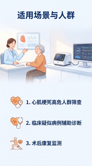 [第5屏] 本屏功能定义：适用场景与适用人群介绍。图文结合说明产品使用场景。[氛围/风格] 温馨医疗科普风格，亲和专业。[元素布局] 上半部分使用简约场景插图展示医疗机构检测场景，下半部分分点列出适用预览效果