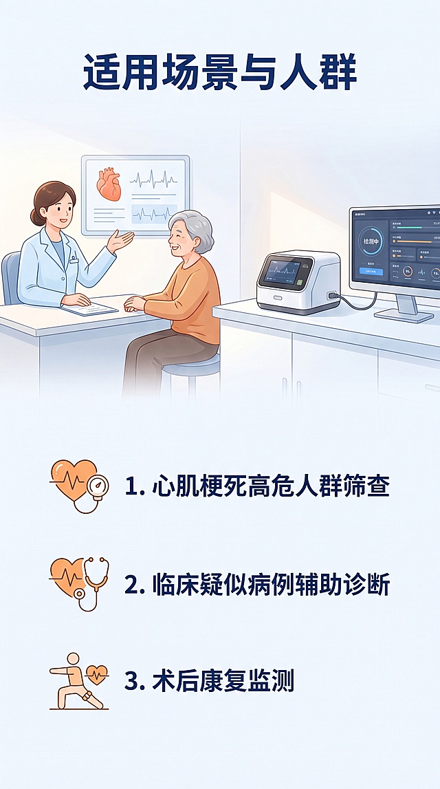 [第5屏] 本屏功能定义：适用场景与适用人群介绍。图文结合说明产品使用场景。[氛围/风格] 温馨医疗科普风格，亲和专业。[元素布局] 上半部分使用简约场景插图展示医疗机构检测场景，下半部分分点列出适用人群：1. 心肌梗死高危人群筛查；2. 临床疑似病例辅助诊断；3. 术后康复监测。每个适用场景配对应简约图标，排版整齐。[光影质感] 明亮柔和的环境光，整体通透温馨。[配色色系] 全局底色 #F8FBFF，浅蓝主调，深蓝色文字，橙色图标点缀。[视角构图] 上下结构，上场景下说明，阅读动线流畅。[文字版式] 顶部大标题 "适用场景与人群"，深蓝色加粗；分点说明文字简洁，每行不超过12字，易读性强。[比例分辨率] 9:16 竖版比例，4K分辨率，文字清晰可辨，超高清。[负向提示词] 场景违和，文字拥挤，图标杂乱，配色刺眼。