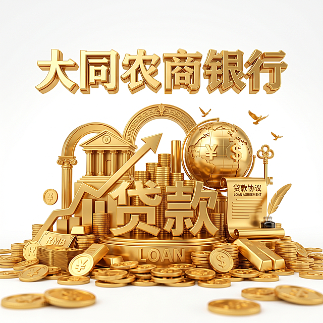 超高清3D立体金融插画，纯白色背景，带有高光黄金金属质感，全局立体光影与景深效果，包含立体贷款主题视觉元素，有"大同农商银行"立体鎏金字体，金属反光自然，质感逼真，整体是高端商用设计风格