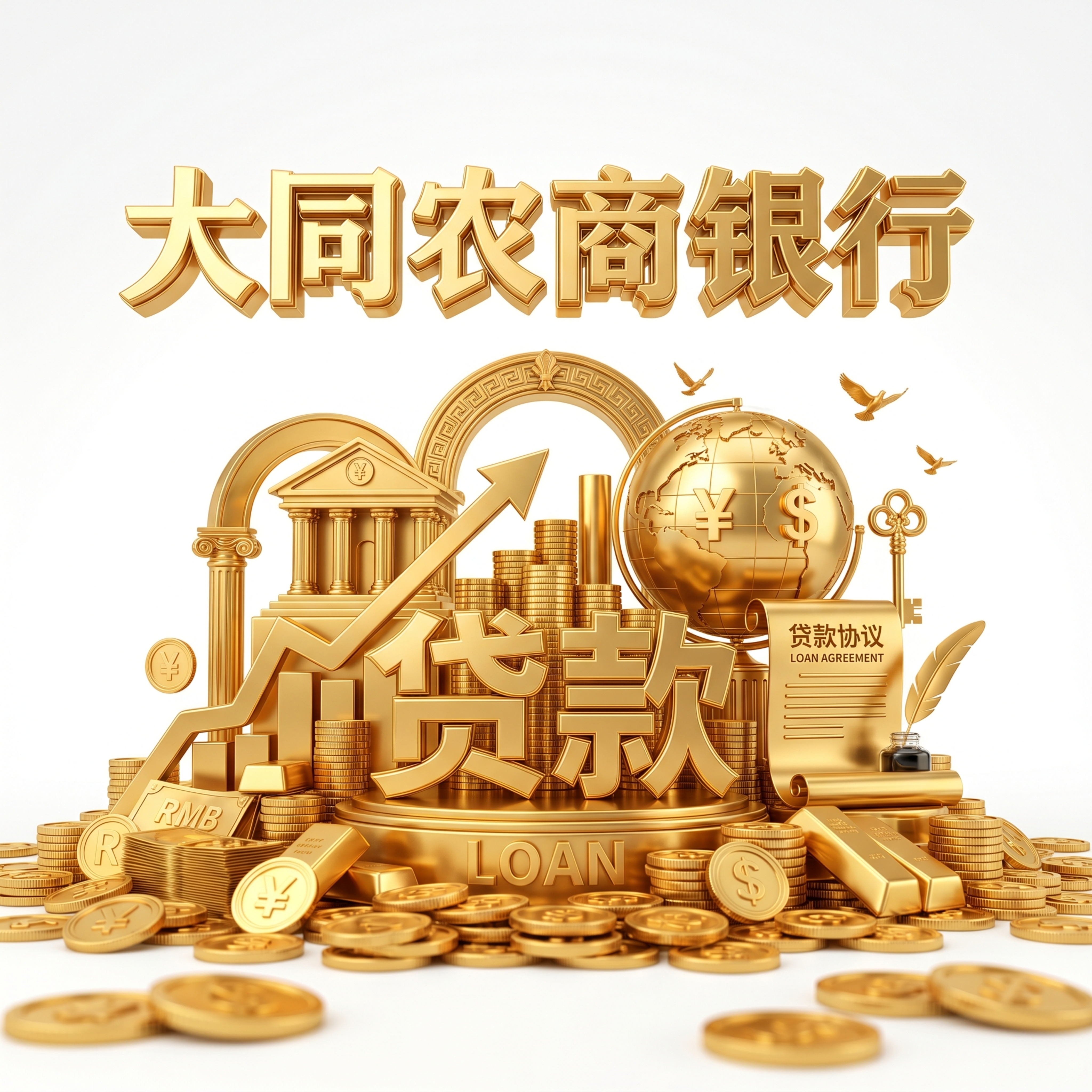 超高清3D立体金融插画，纯白色背景，带有高光黄金金属质感，全局… - 图片创意预览
