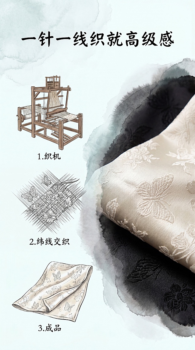 工艺亮点屏：非遗提花工艺三步示意（织机→纬线交织→成品）手绘插画 + 实拍提花面料特写（蝴蝶花卉浮雕）；中央标题“一针一线织就高级感”；淡雅水墨底色，确保提花纹理在插画与实拍间过渡自然；禁止印花替代提花、平纹无立体感。