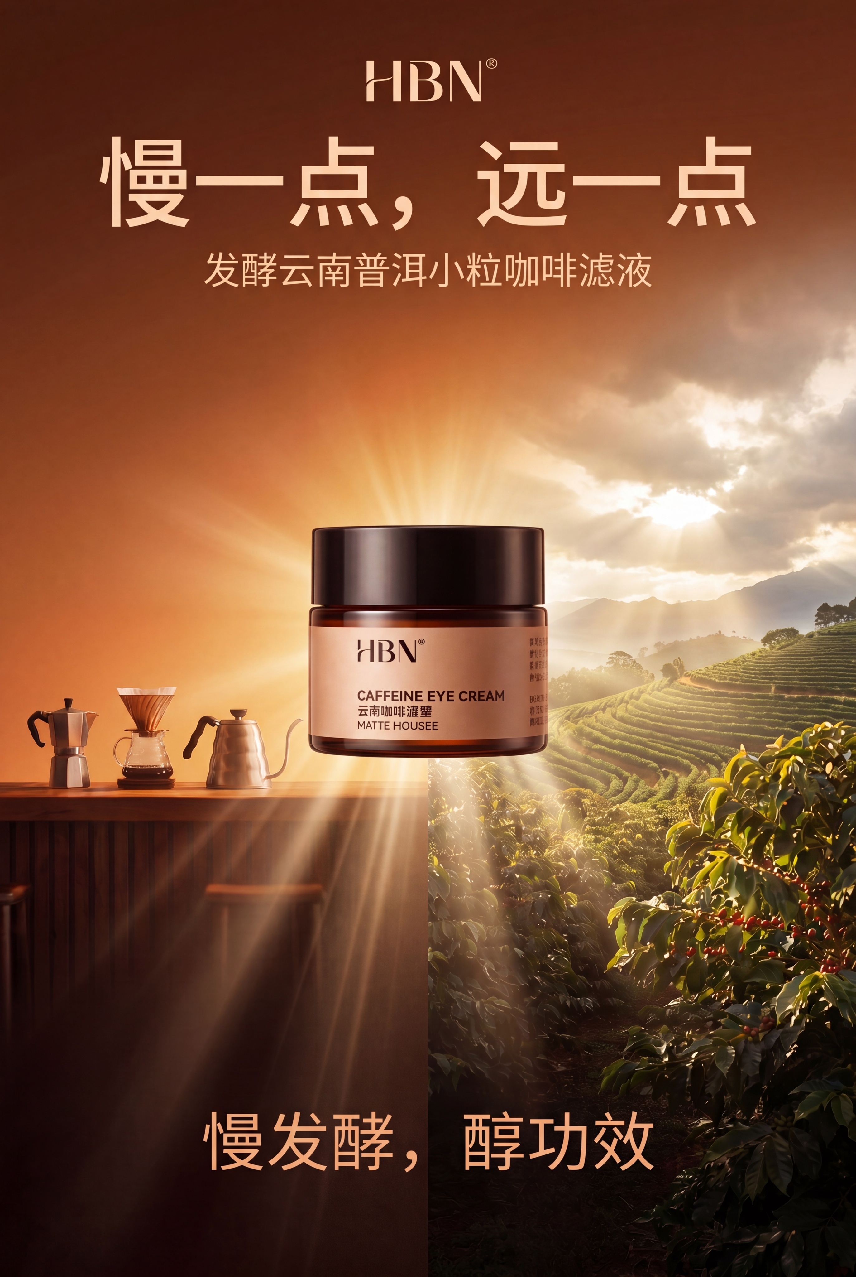 基于参考图风格，生成另一张HBN咖啡因眼霜大广赛海报，竖版A3… - 图片创意预览
