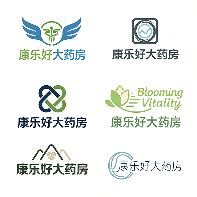 纯白干净背景，单画布均等六宫格排布6款独立原创LOGO，大小统一、间距均匀、排版规整，8K超高清，纯矢量图形，线条干净锐利，无模糊、无像素感、无多余杂物装饰，新型连锁大药房品牌调性，风格极简高级、差异化原创，无同质化网红药房设计，适配门店招牌、品牌包装、线上宣传、线下物料全商用场景，画面整洁留白充足。方案一：羽翼守护·安心康养风（全新理念：羽翼庇护+健康新生），矢量商用LOGO，品牌文字："康乐好大药房"，简约圆润商用字体，原创对称羽翼造型融合极简医疗符号，羽翼象征守护、呵护全民健康，整体造型舒展轻盈，打破传统医疗厚重感，主色调治愈浅绿+纯净白+柔和浅蓝，构图对称均衡，风格温柔亲民、温暖治愈，主打普惠康养、全民健康，图文相融，辨识度极强，现代新型大药房专属标识。方案二：方圆极简·中正专业风（全新理念：方圆有度+合规行医），矢量商用LOGO，品牌文字："康乐好大药房"，极简方正无衬线字体，原创外方内圆几何图形，内嵌微型健康弧线条，方代表正规合规、专业靠谱，圆代表普惠包容、安康圆满，配色高级深灰+轻奢浅青，极简扁平化设计，无多余元素，调性沉稳专业、简约大气，适配连锁品牌标准化视觉，高端商用医药标识。方案三：绽放生机·健康向阳风（全新理念：花苞绽放+向阳安康），矢量商用LOGO，品牌文字："康乐好大药房"，柔和舒展艺术字体，原创极简花苞绽放图形结合健康动线，寓意驱散病痛、绽放健康生机，贴合"康乐"核心字义，主色调清新嫩叶绿+暖白色，线条灵动流畅，氛围积极阳光、治愈鲜活，区别于传统医疗严肃风格，主打民生亲民、健康养护，适合社区综合性大药房。方案四：纽带联结·普惠民生风（全新理念：双纽交织+医患联结），矢量商用LOGO，品牌文字："康乐好大药房"，稳重亲民标准字体，原创双纽带交织创意图形，象征医药守护民生、联结健康与生活，造型简约独特、无同质化设计，配色雅致藏青+自然绿，构图紧凑协调，兼具专业性与烟火气，凸显大药房便民、惠民、普惠健康的核心定位，矢量线条规整高级。方案五：山峰稳健·安康恒远风（全新理念：山岳稳固+健康恒久），矢量商用LOGO，品牌文字："康乐好大药房"，加粗大气品牌字体，极简抽象山岳轮廓融合健康符号，山岳寓意稳固、可靠、长久，代表为大众提供恒久健康保障，主色调哑光墨绿+米白色，风格沉稳大气、底蕴十足，构图稳重平衡，高级简约不厚重，适合规模化、正规化连锁大药房品牌标识。方案六：极简线条·时光康养风（全新理念：流线时光+全龄康养），矢量商用LOGO，品牌文字："康乐好大药房"，纤细轻奢流线字体，单线条连贯勾勒环形健康轨迹图形，无复杂色块堆砌，线条顺滑流畅，寓意全年龄段、全天候健康守护，配色低饱和莫兰迪青+纯净白，极简轻奢质感，风格高级小众、现代简约，贴合新型智慧康养大药房定位，原创独家视觉造型。六款LOGO独立不重叠、风格完全差异化，无中式祥云、无基础爱心、无普通盾牌、无重复草本、无科技闭环旧元素，全部原创造型，矢量规范达标，字体比例协调，图文搭配和谐，调性适配新型医药大健康行业，兼具商业质感与品牌辨识度，无低级审美、无元素堆砌、无画面杂乱问题。