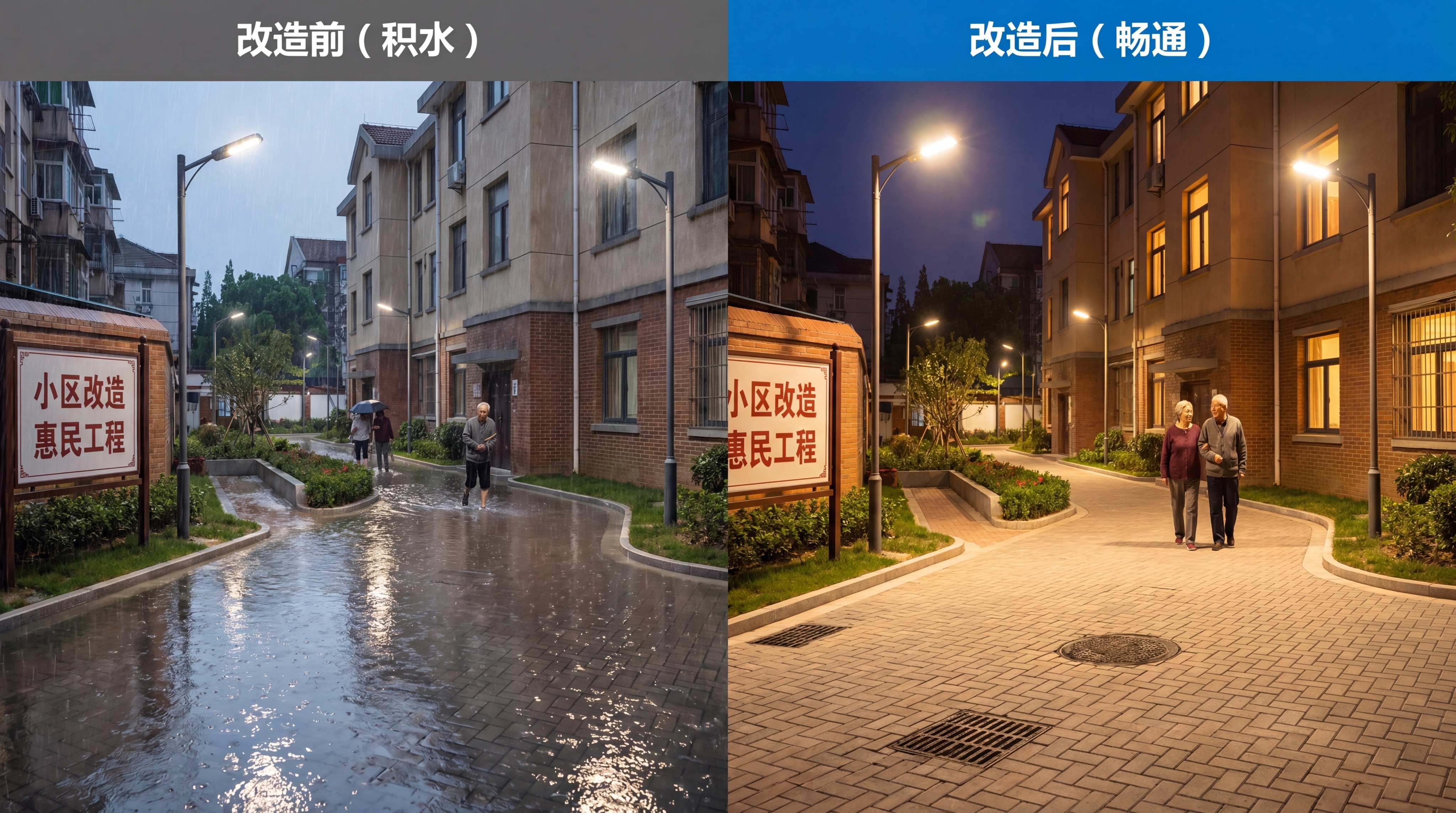 同一场景对比图，左侧为改造前老小区雨天道路严重积水，行人通行困… - 图片创意预览
