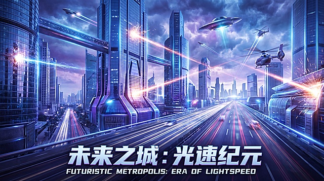 横版蓝色科技感动感户外效果海报，科幻风格高楼大厦建筑群，前景延伸的道路，天空中悬浮飞碟，飞行直升机，整体充满未来感和动态冲击力，蓝紫色调搭配金属科技质感