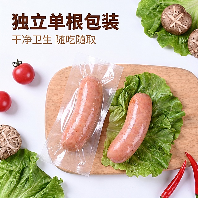 [主图-3] 展示独立包装优势的肉肠主图，干净卫生，品质感，突出包装优势，商业美食摄影质感，光线柔和通透，产品清晰真实，画面干净高级，4k分辨率。画面中部展示单根独立包装的肉肠，旁边打开包装取出肉肠放在生菜叶上，保持肉肠外观与原图一致，突出单根独立包装的特点，商品主体占比约70%，背景干净简洁。柔和顶光，突出包装质感和肉肠新鲜色泽，光影层次自然。干净白色背景搭配原木色桌面，绿色生菜点缀，清爽卫生。俯视构图，包装和产品错落摆放，清晰展示包装形态。左上大字写"独立单根包装"，深棕色粗体；下方小字写"干净卫生 随吃随取"，浅棕色小字号，文字不遮挡主体，左对齐排列。1:1比例，文字清晰锐利，超高清。负向提示词：变形，水印，文字错乱，产品图模糊，背景杂乱