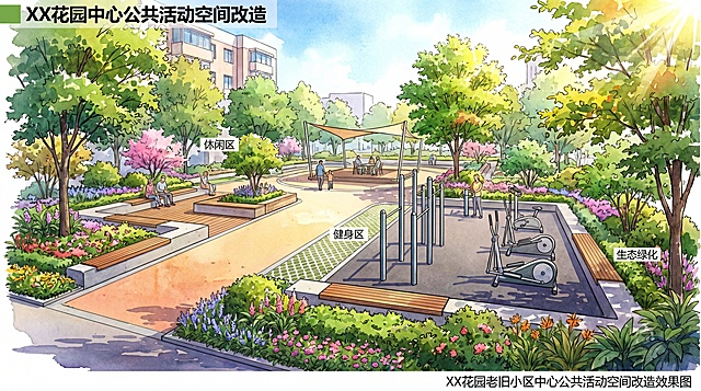 XX花园老旧小区中心公共活动空间改造效果图，专业景观设计图，展示改造后的休闲座椅、健身设施和绿化配置，色彩明快效果图风格，适合设计展示