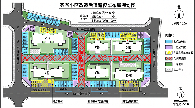 老小区改造后道路停车布局规划图，合理规划停车位，区分机动车位与非机动车停车区，标注消防通道，利用边角空间增加停车位，布局合理符合规范，工程专业制图风格，清晰易读适合PPT汇报