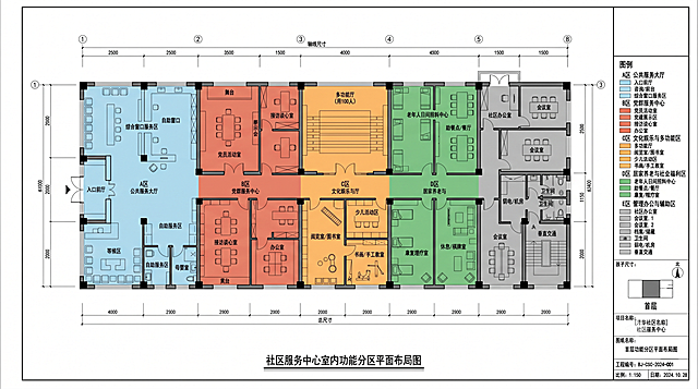 专业室内CAD平面布局图，社区服务中心室内功能分区平面布局图，清晰标注各功能区域，符合工程设计展示与PPT汇报标准