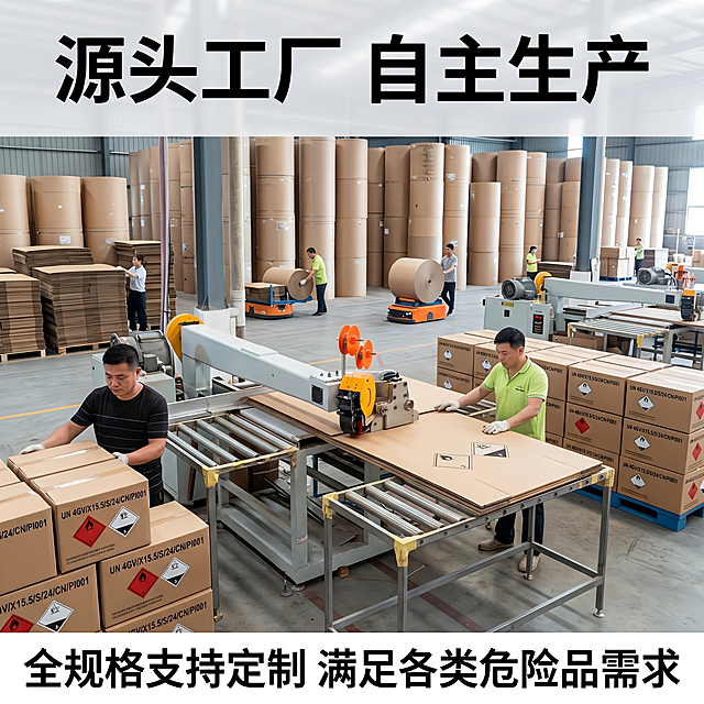 [主图-4] 工厂生产实力展示图。展示工厂车间生产UN纸箱的生产场景，工人正在加工纸板，背景为大型原材料卷料。保持场景真实感，画面明亮清晰，突出大厂产能优势。顶部大字主标题“源头工厂 自主生产”，黑色加粗。底部标注“全规格支持定制 满足各类危险品需求”。风格写实专业，符合拼多多直白卖点需求。比例1:1，4K分辨率。负向提示词：画面昏暗，人物变形，文字模糊。
