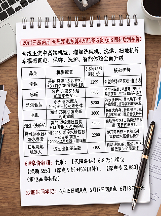 基于两张参考图（image1与image2），生成一张新图：保留原日记本风格、装订环在顶部、分行黑线、置于老板桌面上的刚写完笔记效果；标题为红色‘120㎡三房两厅 全屋家电预算4万配齐方案（618 国补后到手价）’；正文内容不变；重点修改表格中‘机型配置’列：在每行原有描述前明确加上品牌名，例如：‘美的风尊 1.5匹挂机 ×3 + 海尔3匹零风感柜机’→‘美的 风尊 1.5匹挂机 ×3 + 海尔 3匹零风感柜机’；‘容声方糖 515 超薄零嵌 515L’→‘容声 方糖 515 超薄零嵌 515L’；‘小天鹅水魔方 10kg洗 + 10kg烘分体’→‘小天鹅 水魔方 10kg洗 + 10kg烘分体’；‘海信 75英寸游戏高刷旗舰’→‘海信 75英寸游戏高刷旗舰’；‘美的顶吸烟灶套装 + 13套嵌入式洗碗机’→‘美的 顶吸烟灶套装 + 13套嵌入式洗碗机’；‘海尔 16L零冷水增压款’→‘海尔 16L零冷水增压款’；‘安吉尔前置 + 1200GRO净水器 + 管线机’→‘安吉尔 前置 + 1200GRO净水器 + 管线机’；‘追觅全能基站款’→‘追觅 全能基站款’；其余文字（含价格、核心优势、618教程、抄底时间）完全不变，不加logo，字体为钢笔手写体