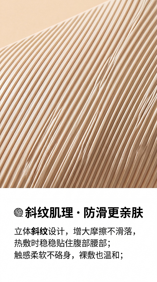 [第4屏] 斜纹肌理细节解析屏，米色斜纹PVC注水热水袋。
[氛围/风格] 质感细腻，干净高级，特写突出纹理细节，简约轻奢。
[元素布局] 上半部分放大展示热水袋斜纹纹理特写，使用【图1】放大纹理区域，保持斜纹走向、材质颜色与原图一致；下半部分文字区讲解斜纹设计优势，顶部标题，下方分点说明，模块清晰。
[光影质感] 侧光打亮纹理，突出立体斜纹肌理，纹理沟壑阴影清晰，材质质感真实。
[配色色系] 全局底色：#FFFFFF（奶白），特写区域背景：浅杏色，文字颜色：深灰色，重点加粗。
[视角构图] 上图下文版式，上半部分特写占60%画面，下半部分文字占40%，从上到下阅读流畅。
[文字版式] 顶部标题加粗："🧶斜纹肌理・防滑更亲肤"，正文：立体斜纹设计，增大摩擦不滑落，热敷时稳稳贴住腹部腰部；触感柔软不硌身，裸敷也温和；重点词"斜纹"加粗，行间距宽松，文字清晰。
[比例分辨率] 9:16 竖版，4K分辨率，适配移动端。
[负向提示词] 纹理模糊，产品变形，颜色偏差，文字错乱，水印。