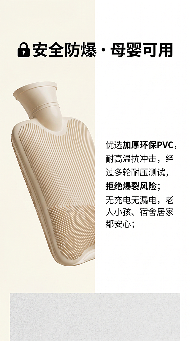 [第3屏] 安全防爆亮点详解屏，米色斜纹PVC注水热水袋。
[氛围/风格] 专业安心，极简干净，轻奢质感，突出安全属性。
[元素布局] 左侧放置热水袋主体，使用【图2】展示产品侧面，保持产品米色斜纹、材质颜色结构与原图一致；右侧文字区介绍安全防爆卖点，底部添加浅灰色质感背景块，画面分为左右两部分，图文1:1比例。
[光影质感] 左侧产品主光清晰，突出PVC材质厚度，整体光影均匀柔和，明暗层次分明。
[配色色系] 全局底色：#F9F5EB（奶杏），左侧产品背景：奶白，右侧文字区背景：纯白色，分隔线：浅灰。
[视角构图] 左图右文版式，产品斜放展示侧面厚度，左侧产品占比50%，右侧文字占比50%，符合移动端阅读。
[文字版式] 右侧顶部标题加粗："🔒安全防爆・母婴可用"，正文：优选加厚环保PVC，耐高温抗冲击，经过多轮耐压测试，拒绝爆裂风险；无充电无漏电，老人小孩、宿舍居家都安心；重点词"防爆""加厚PVC"加粗标注，字体清晰纤细，行间距宽松。
[比例分辨率] 9:16 竖版，4K分辨率，适配移动端。
[负向提示词] 产品变形，材质失真，文字错乱，水印，颜色偏差。