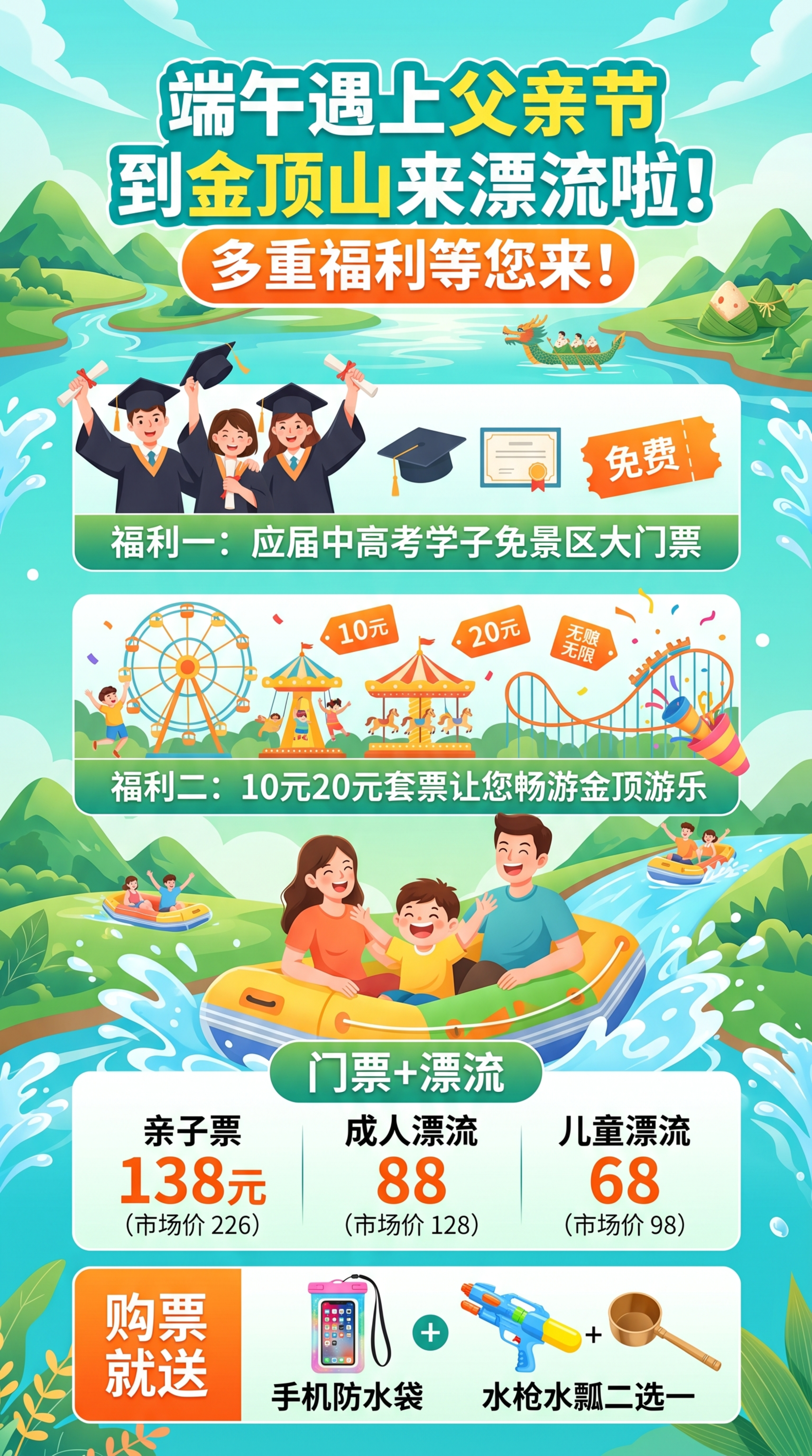 端午遇上父亲节金顶山漂流活动宣传H5图片，画面顶部大标题：端午… - 图片创意预览