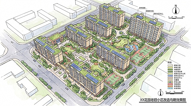 XX花园老旧小区改造后整体鸟瞰效果图，专业建筑设计图纸风格，清晰展示改造后的建筑外观、绿化景观和公共空间，尺寸规范布局合理，可用于PPT汇报展示，高清专业渲染