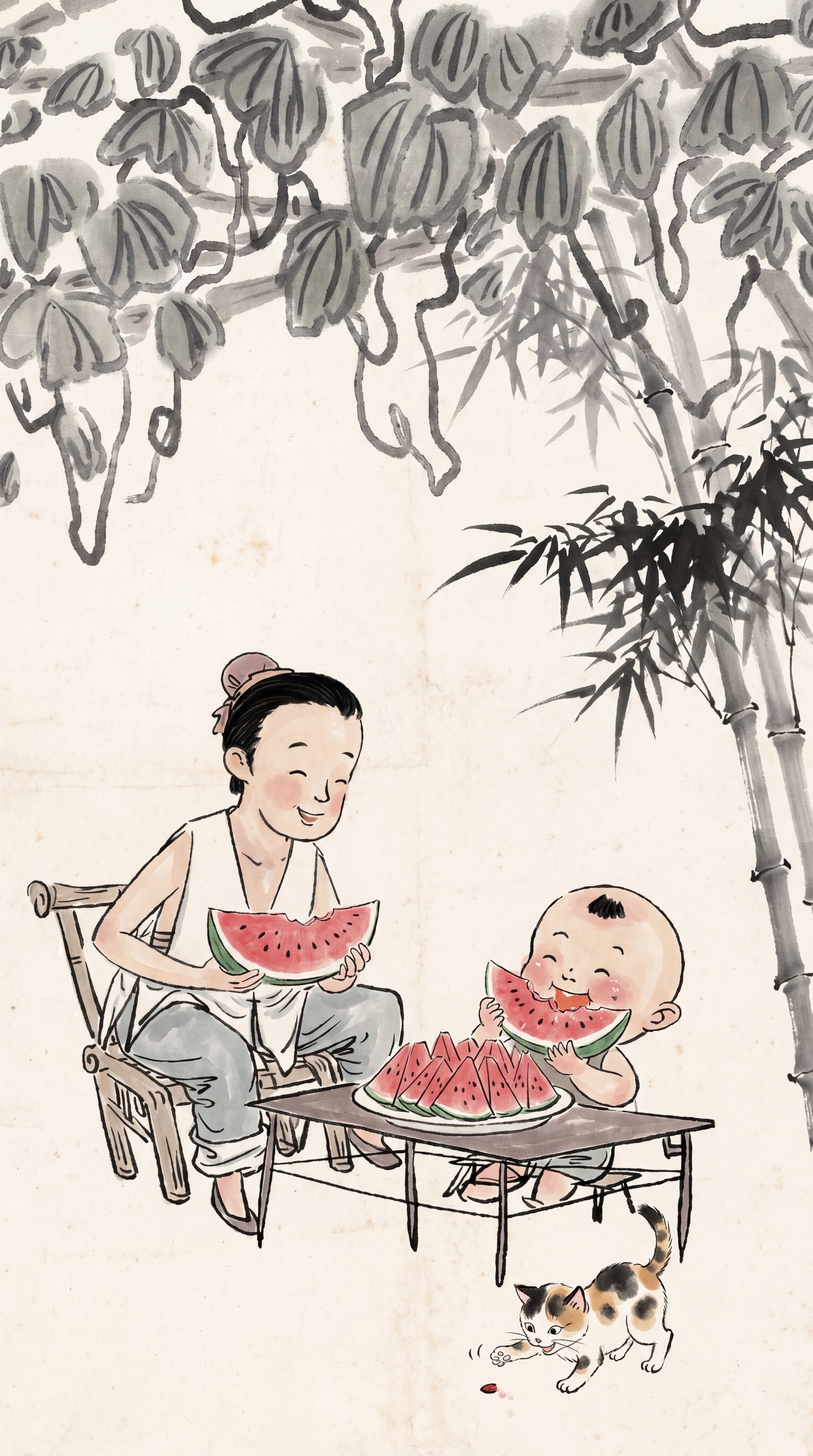 参考原图，将父亲手上拿的碗改为拿西瓜，孩童改成在吃西瓜，桌面摆… - 图片创意预览