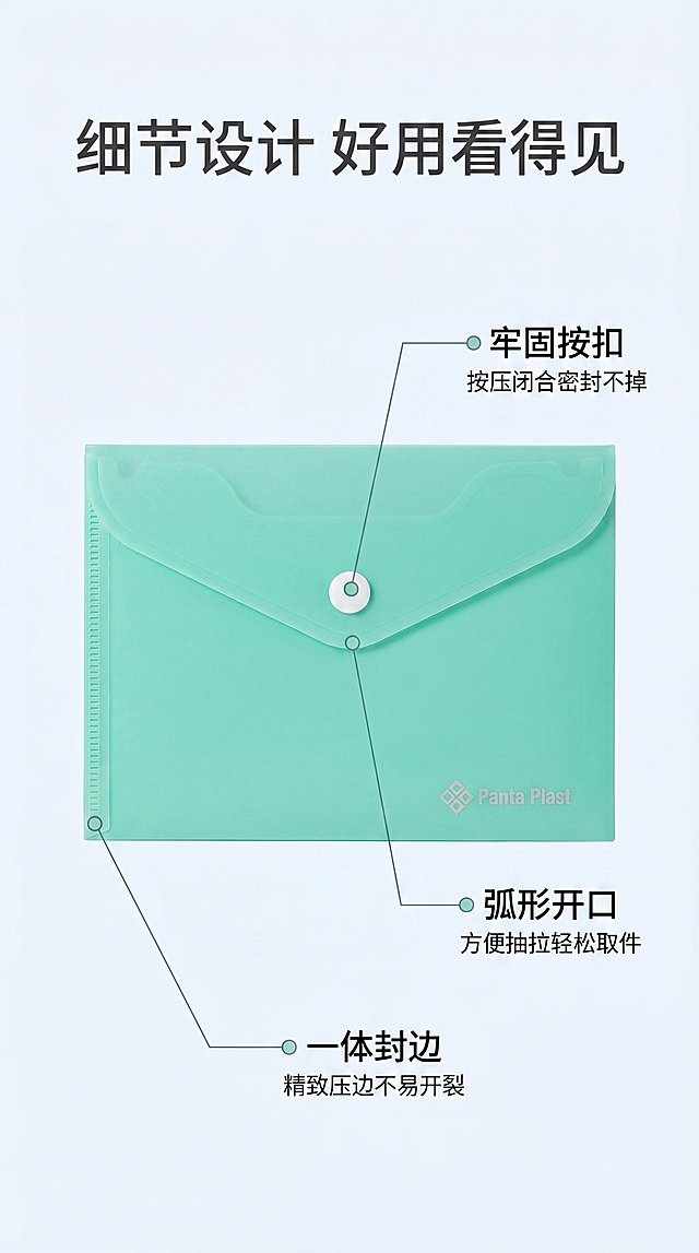 [第3屏] 结构细节标注，解析按扣袋设计特点。专业干净，突出做工。用图3图5图4生成，保持产品原样。产品居中，引线标注三个部位：牢固按扣"按压闭合密封不掉"，弧形开口"方便抽拉轻松取件"，一体封边"精致压边不易开裂"。顶部标题"细节设计 好用看得见"，引线纤细不挡产品。全局底色#F5F8FA。9:16竖版，4K清晰。负向提示：标注错误、产品变形、颜色偏差。