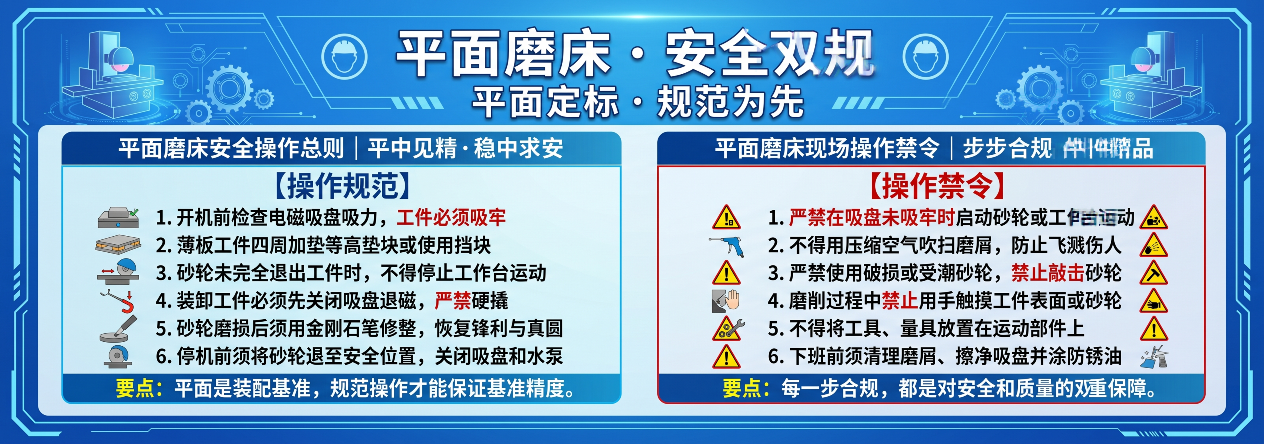 横版喷绘画面，主色调为蓝色，内容包含平面磨床安全操作规程文字：… - 图片创意预览