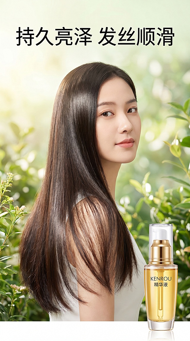 [第6屏] 真人效果页，亚洲女性模特展示使用后亮泽顺滑长发，右下角放肯柔精华液产品保持原图外观，标题"持久亮泽 发丝顺滑"，自然清新背景，9:16竖版，4K。