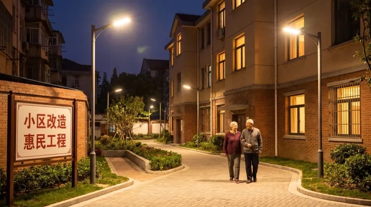 老小区改造后夜晚效果图，重点突出安装的路灯，道路明亮方便老人晚上回家行走，整体温馨明亮，适合PPT展示预览效果